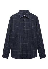Camicia a maniche lunghe blu navy con bottone, caratterizzata da un sottile motivo a griglia bianca e un colletto classico.