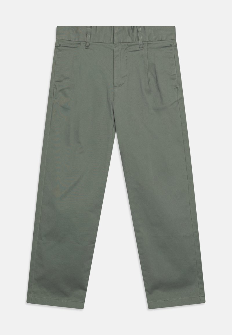Zelene bombažne hlače s ravnimi nogavicami, dvema sprednjima žepoma in zadrgo. Gladka tekstura z minimalnimi šivi.