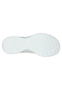 Suela de zapato deportivo blanco con una superficie de goma texturizada que presenta un patrón de diamante para tracción y estabilidad. Bordes suaves y punta redondeada.