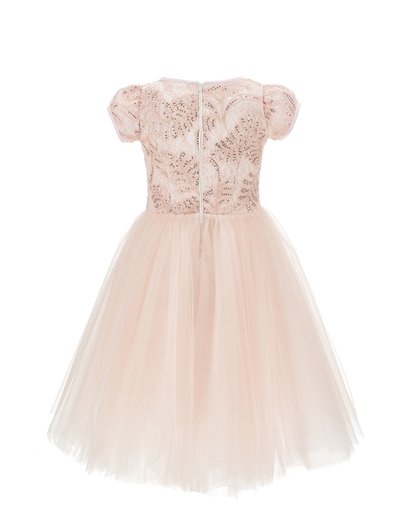 Απαλό ροζ φόρεμα με κορσάζ από δαντέλα διακοσμημένη με παγιέτες, φουσκωτά μανίκια και ολόκληρη φούστα από τούλι, εμφανίζεται από την πίσω πλευρά με κεντρικό φερμουάρ.