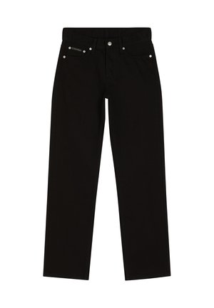 Zwarte denim jeans met een rechte pijp, vijf-pocket ontwerp, zilverkleurige hardware en logo-detail op de tailleband.