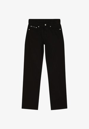Jeans in denim nero con taglio dritto, design a cinque tasche, hardware argentato e dettaglio del logo sulla cintura.