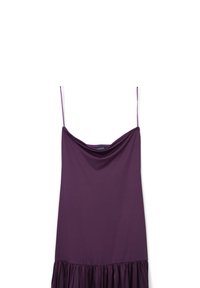 Purple slip dress with spaghetti straps, featuring a draped neckline and gathered ruffled hem. Made from smooth, lightweight fabric.