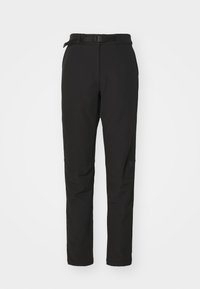 Mustat, slim-fit-housut, jotka on valmistettu sileästä ja kevyestä kankaasta. Housuissa on vyö vyötäröllä ja virtaviivainen muotoilu ilman näkyviä taskuja.