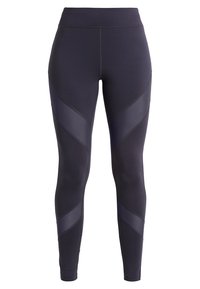 Czarne legginsy z wysokim stanem, z kontrastowymi geometrycznymi wstawkami z siateczki, gładkiego materiału, dopasowanego kroju i wzmocnionymi szwami dla większej trwałości.