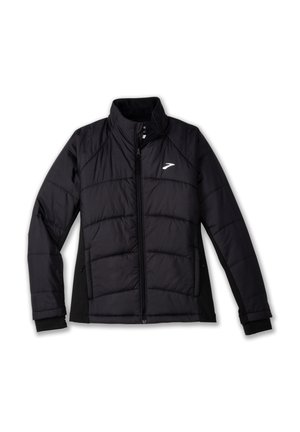 Schwarze Puffjacke mit hohem Kragen, gestepptem Design und seitlichen Taschen. Sie verfügt über ein weißes Logo auf der Brust und kontrastierende schwarze Einsätze.