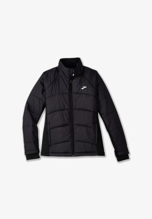 Schwarze Puffjacke mit hohem Kragen, gestepptem Design und seitlichen Taschen. Sie verfügt über ein weißes Logo auf der Brust und kontrastierende schwarze Einsätze.