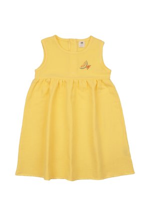 Ärmelloses gelbes Kleinkindkleid mit rundem Ausschnitt und kleiner orangefarbener Scheiben- und sternförmiger Blumenstickerei auf der linken Brust.