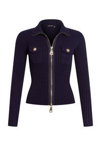 Marineblaues, geripptes Zip-up-Cardigan mit Kragen, goldenem Reißverschluss und zwei Brusttaschen mit passenden goldenen Knöpfen.