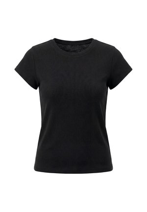 Schwarzes T-Shirt mit kurzen Ärmeln und Rundhalsausschnitt, mit figurbetonter Silhouette, aus glattem, leichtem Stoff gefertigt.