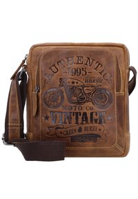 Brown leather shoulder bag with embossed motorcycle design, text details, adjustable fabric strap, and structured shape.