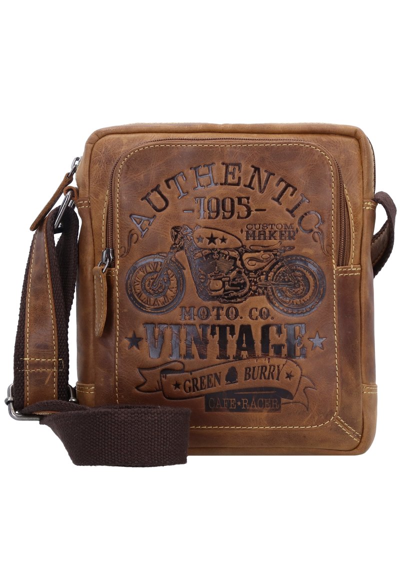 Brown leather shoulder bag with embossed motorcycle design, text details, adjustable fabric strap, and structured shape.