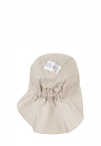 Beige Bucket-Hut aus weichem Stoff, mit einem breiten Schirm und einer gerafften Detail an der Rückseite zur Anpassbarkeit.