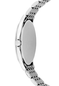 Montre-bracelet argentée avec un boîtier en métal poli, de forme ronde, et un bracelet en mailles. Présente un fond de boîtier lisse et uni ainsi qu'une couronne sur le côté.