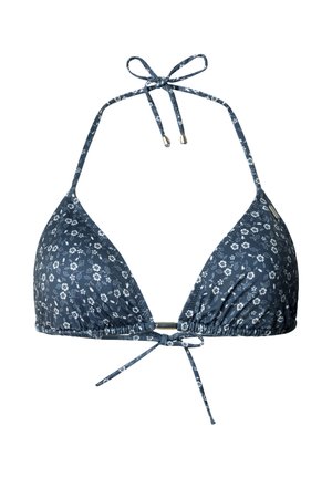 Blå blomstret bikini topp med trekantet form, justerbare bånd, og en gullfarget maskinvaredetalj i midten. Stoff i bomullsblanding.