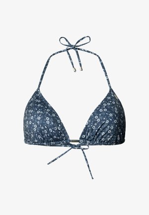 Blå blomstret bikini top med en trekantet form, justerbare snore og en guldfarvet hardware detalje i midten. Blendet stof af bomuld.