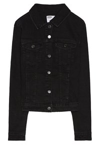 Svart jeansjacka med krage, knäppning framtill, bröstfickor och långa ärmar. Har en klassisk design och robust struktur.