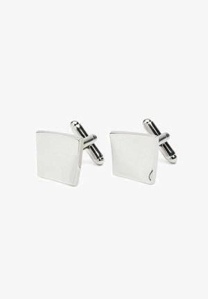Kvadratiske sølv cufflinks med en poleret finish, der har et simpelt design og en cylindrisk låsemekanisme for sikker fastgørelse.