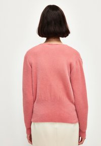 Pull en peluche rose avec un col rond et des manches longues, présentant une texture douce et une coupe décontractée, vu de dos.