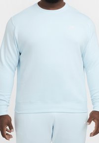 Felpa Nike azzurra con collo a giro, maniche lunghe e polsini a costina. Presenta un piccolo logo bianco sul petto.
