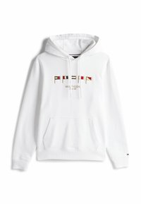 Witte hoodie met een frontzak, met geborduurde meerkleurige vlaggen en logo-tekst. Gemaakt van zachte katoenstof met een capuchon met trekkoord.