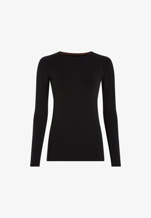 Schwarzes, langärmeliges, eng anliegendes Sportoberteil mit Rundhalsausschnitt, nahtlosem Design und dezenten Konturmuster an Ärmeln und Seiten.