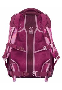 Purple backpack with mesh fabric and padded straps. Features adjustable buckles and a camouflage pattern on side panels.