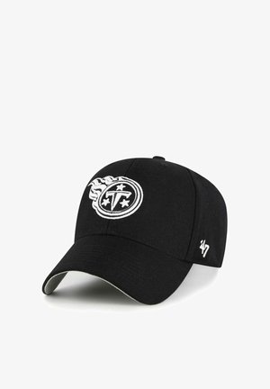 Black baseball cap with white embroidered circular logo featuring three stars and stylized "T," and white '47 brand logo on side.