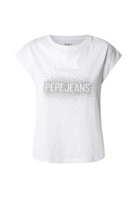 Bílý bavlněný tričko s krátkými, stočenými rukávy. Obsahuje tečkovaný vzor s potiskem "PEPE JEANS" ve středu. Měkká textura.