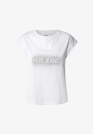 Balts kokvilnas T-krekls ar īsām, sarullētām piedurknēm. Satur punktiņu rakstu ar uzrakstu "PEPE JEANS" centrā. Mīksta tekstūra.