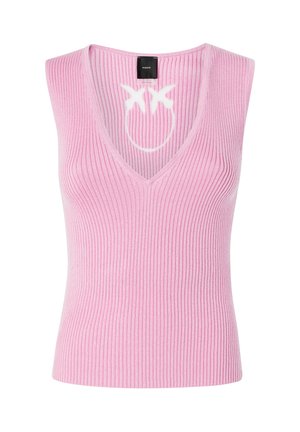 Top rosa a coste senza maniche con scollo a V profondo, caratterizzato da una grafica bianca di due linee incrociate e una forma circolare sul retro.