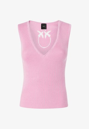 Top rosa a coste senza maniche con scollo a V profondo, caratterizzato da una grafica bianca di due linee incrociate e una forma circolare sul retro.