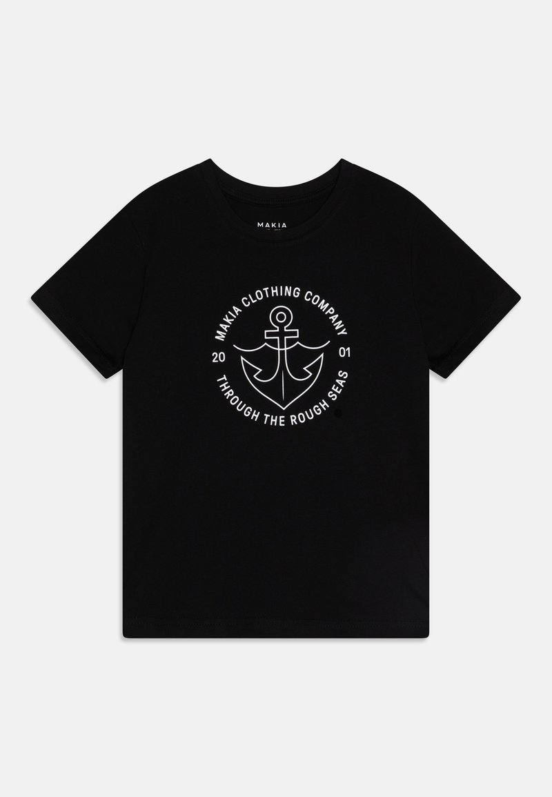 Black cotton t-shirt featuring a white anchor design, circle text "MAKIA CLOTHING COMPANY," and "THROUGH THE ROUGH SEAS" with a crew neck.