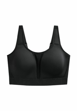 Svart sport-bh i ribbad tygkvalitet med breda axelband, rund halsringning och ett elastiskt band med varumärke längst ner.