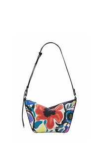 Borsa hobo con un motivo floreale colorato su tessuto testurizzato; presenta una tracolla nera regolabile e una chiusura con zip. Nome del marchio visibile.