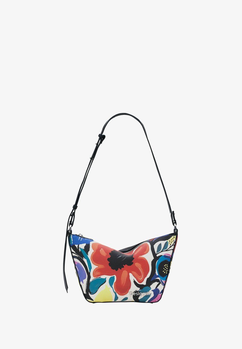 Borsa hobo con un motivo floreale colorato su tessuto testurizzato; presenta una tracolla nera regolabile e una chiusura con zip. Nome del marchio visibile.