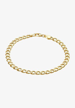 Bracciale in oro con maglie intrecciate, caratterizzato da una finitura liscia e lucida e un gancio per una chiusura sicura.