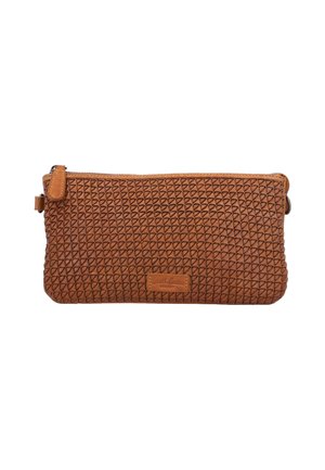 Brown leather clutch bag with a textured diamond pattern, zip closure, and small label. Compact rectangular shape, smooth finish.