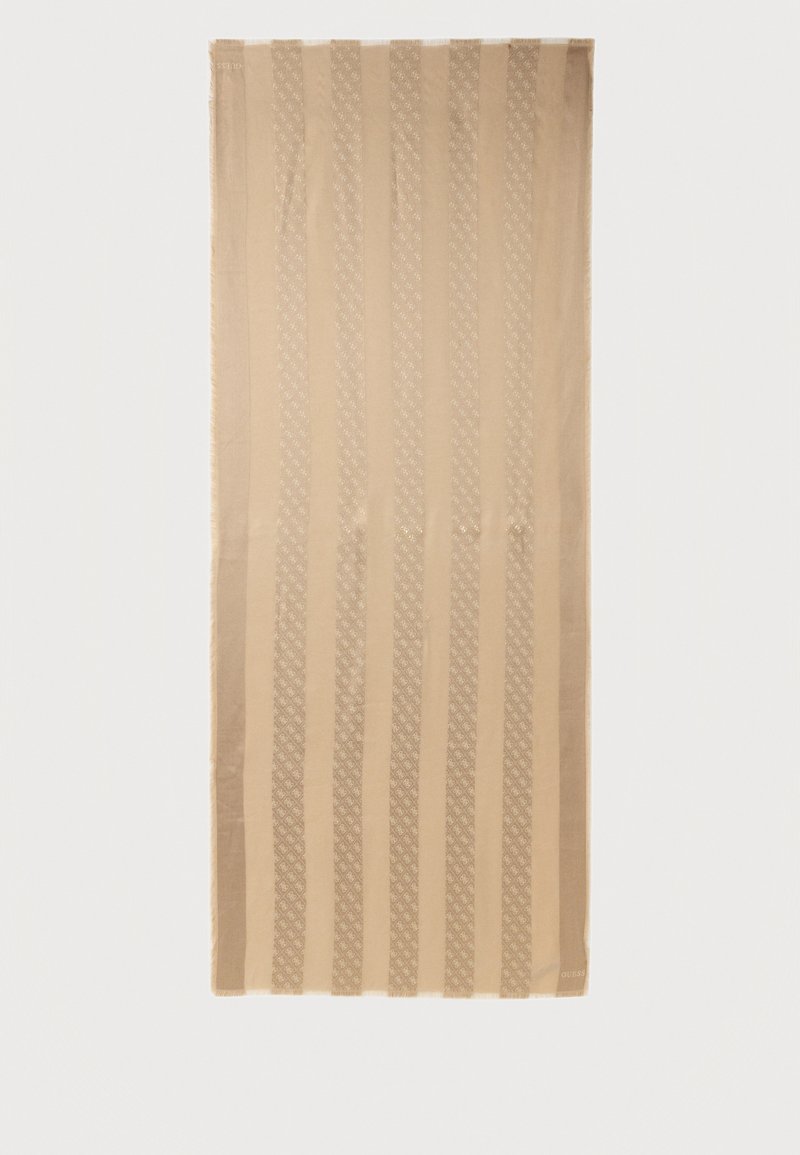 Μπεζ ορθογώνιο ύφασμα με εναλλασσόμενες κάθετες ρίγες σε συμπαγές και διακοσμητικό σχέδιο.