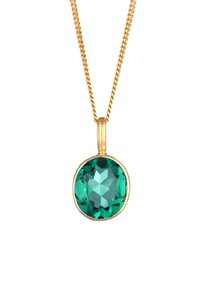 Guldkæde med en oval teal ædelsten vedhæng med en facetteret overflade og en poleret guldbeslag.