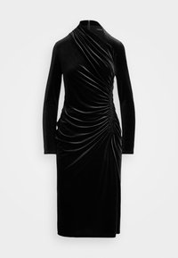 Čierne sametové šaty s dlhými rukávmi a drapériou, s naťahovaním na boku a elegantným, obtiahnutým strihom. Zips na zadnej strane.