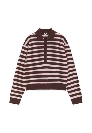 Brown long-sleeve polo sweater with horizontal pink and light blue stripes, five front buttons, and ribbed cuffs and hem.