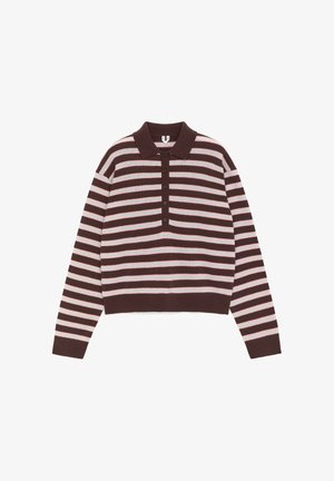 Brown long-sleeve polo sweater with horizontal pink and light blue stripes, five front buttons, and ribbed cuffs and hem.