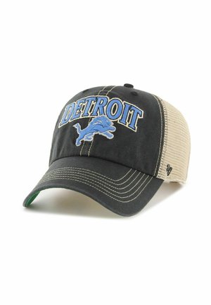 Schwarze und beige Mesh-Baseballkappe mit dem Text „Detroit“ und blauem Löwen-Logo auf dem Vorderteil gestickt.