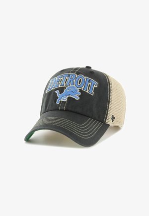 Black and beige mesh baseball cap with "Detroit" text and blue lion logo embroidered on front panel.