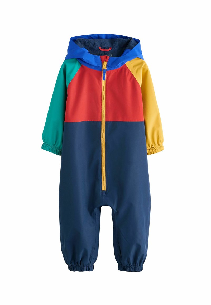 Un vêtement de pluie coloré avec une base marine et des accents rouges, verts, jaunes et bleus, des poignets élastiques et une fermeture éclair à l'avant avec une capuche.