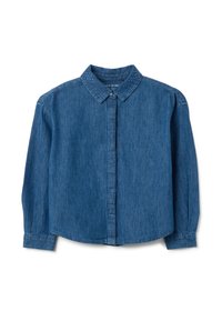 Camicia di jeans con maniche lunghe, chiusura frontale con bottoni e colletto azzurro chiaro con cuciture decorative. Texture morbida.