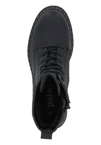 Black lace-up ankle boot with a smooth leather upper, round toe, padded collar, and side zipper. Stitched rubber sole for traction.