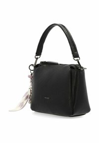 Borsa a tracolla in pelle nera con una forma strutturata, caratterizzata da un manico corto, accessori in argento e una fascia decorativa intrecciata con un motivo.