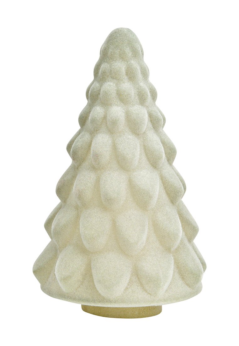 Decorazione natalizia in ceramica bianca a forma di albero con squame texturizzate e una base liscia. Presenta una cima arrotondata e una forma conica.